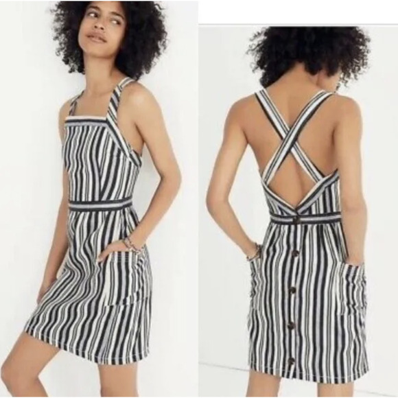 Madewell Linen Blend Apron Mini Dress In Evelyn Stripe, NWT Size 4 - Picture 1 of 4